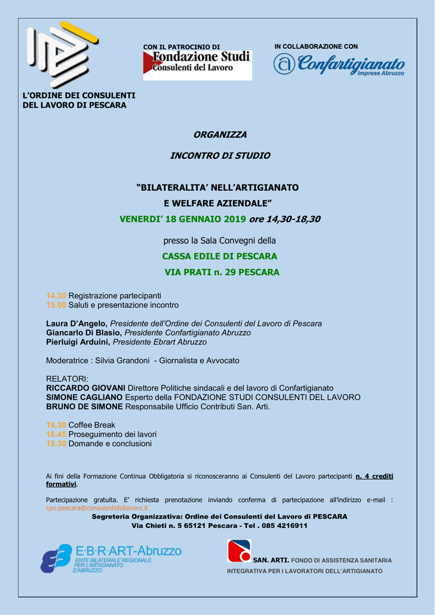 A PESCARA CONVEGNO “BILATERALITA’ E WELFARE AZIENDALE”: LE NOVITA’ DELLA MANOVRA 2019