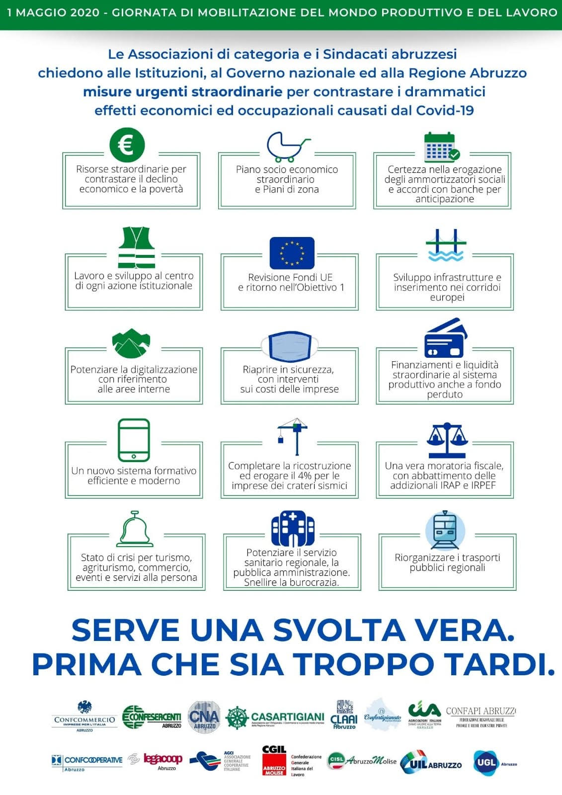 Primo maggio in Abruzzo, associazioni di categoria e sindacati firmano mamifesto comune: ‘Serve una svolta vera’